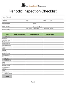 page 1 of our 6 page periodic inspection checklist. Spreadsheet listing rooms and options to qualify their condition.